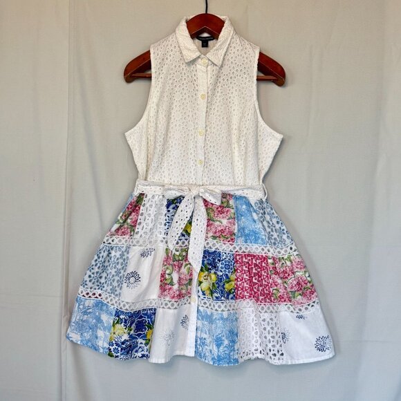 Boston Proper White Eyelet Patchwork Sleeveless Short Fit & Flare Shirt Dress - Picture 1 of 16